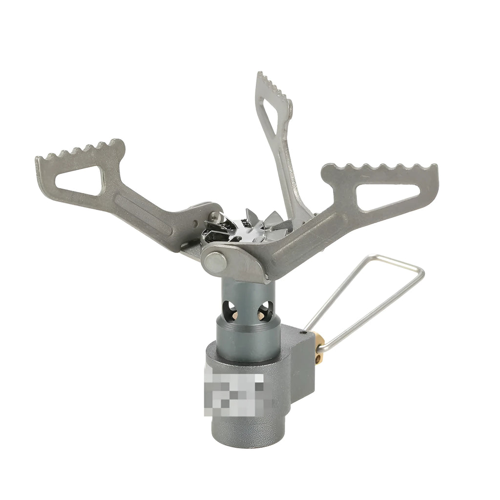 A portable propane gas camping stove with a one-piece metal furnace structure.