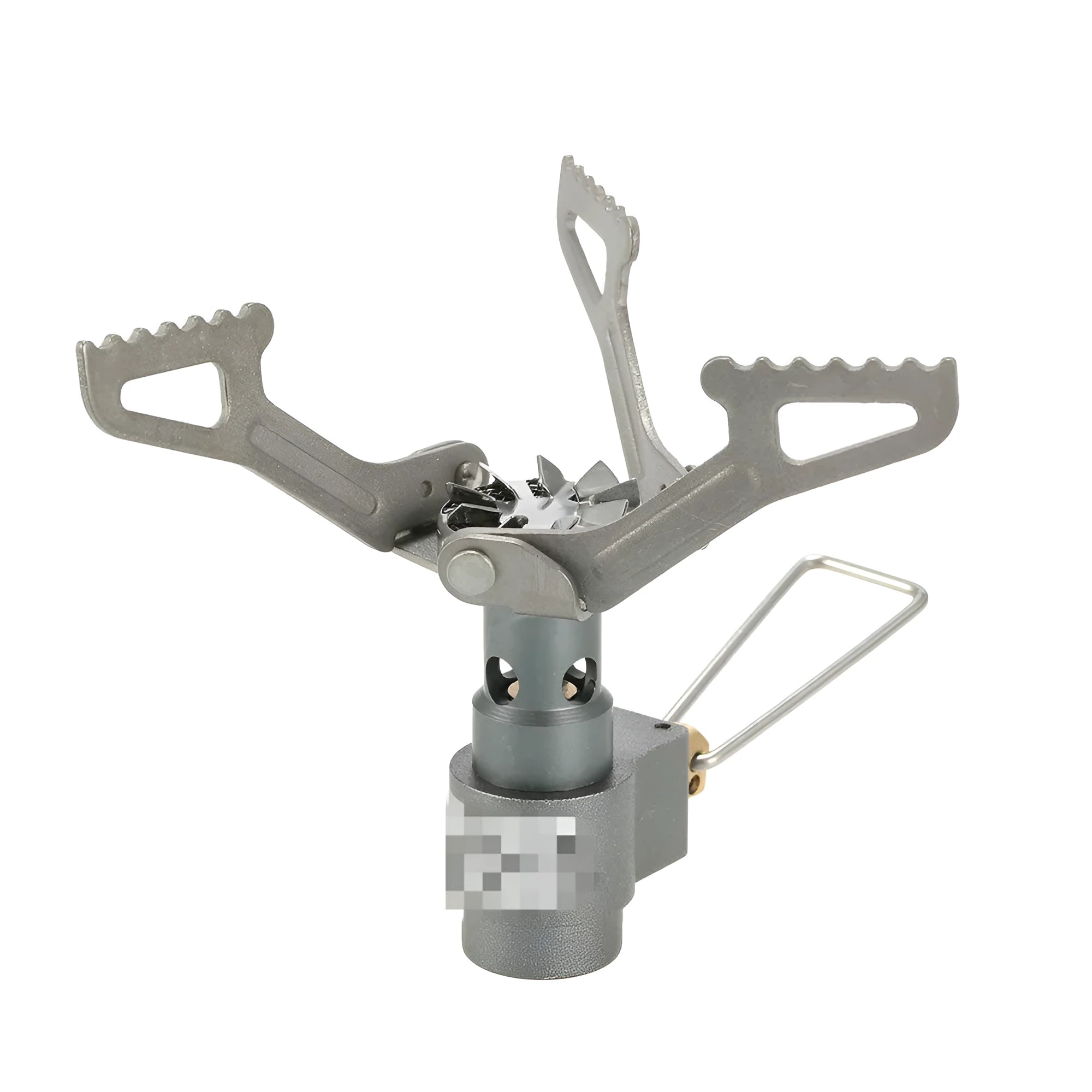 A portable propane gas camping stove with a one-piece metal furnace structure.
