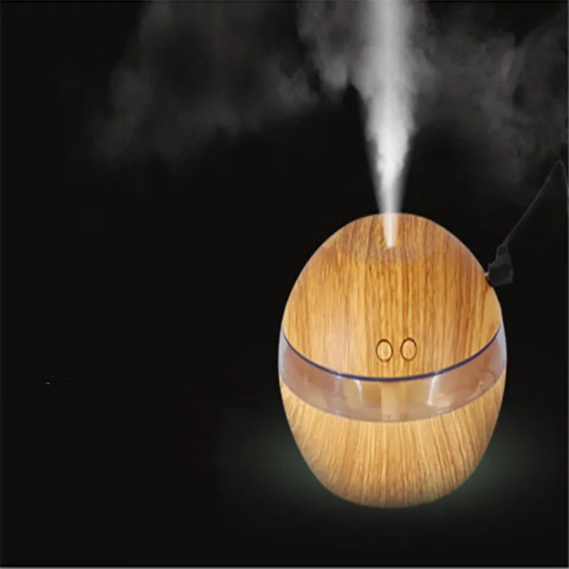 Brown wood grain desktop humidifier with USB cable, 200ml water tank, and compact 90x80x50mm dimensions