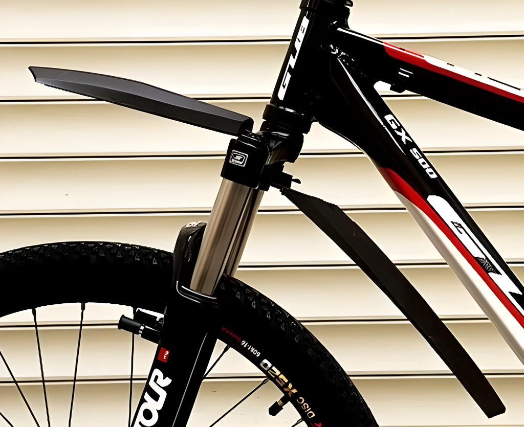 Universal quick release plastic bicycle mudguards in black, blue, green, or red colours with mounting clamps