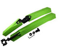 Universal quick release plastic bicycle mudguards in black, blue, green, or red colours with mounting clamps