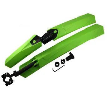 Universal quick release plastic bicycle mudguards in black, blue, green, or red colours with mounting clamps