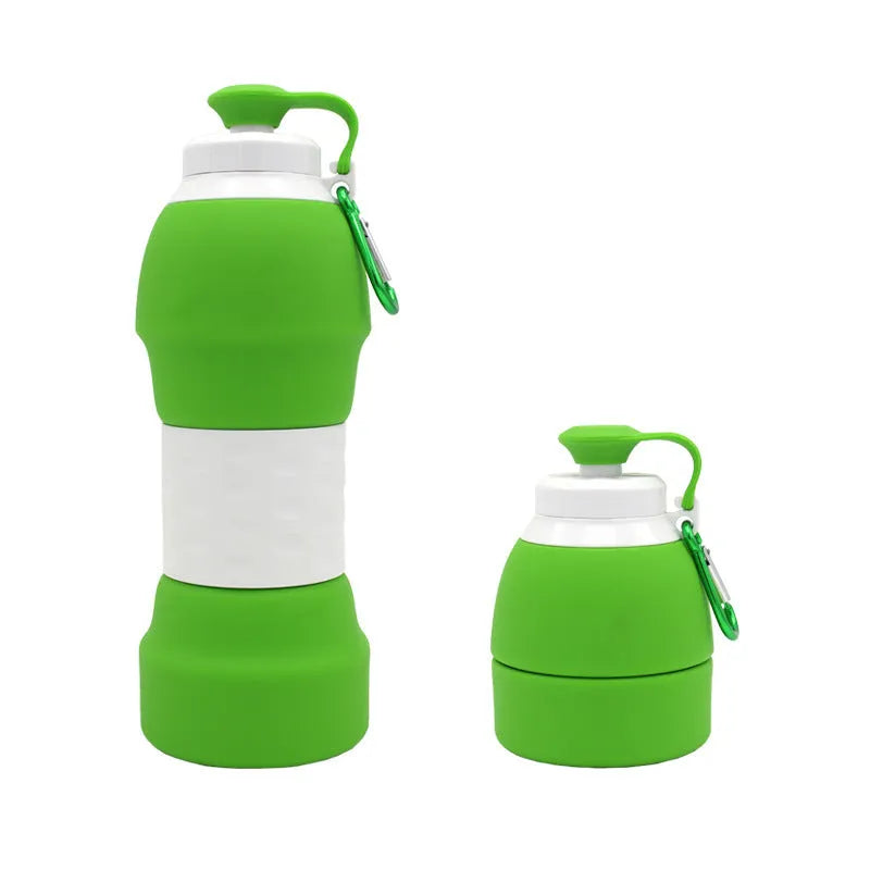 Blue silicone folding water bottle shown extended and collapsed, with 580ml capacity mark.