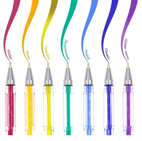 Pack of colour gel pens showing the pen design and highlighting the large 2.2mm ink tube