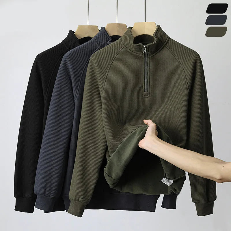 Men's fleece sweatshirt stand-collar long sleeve cotton blend pullover winter top in black