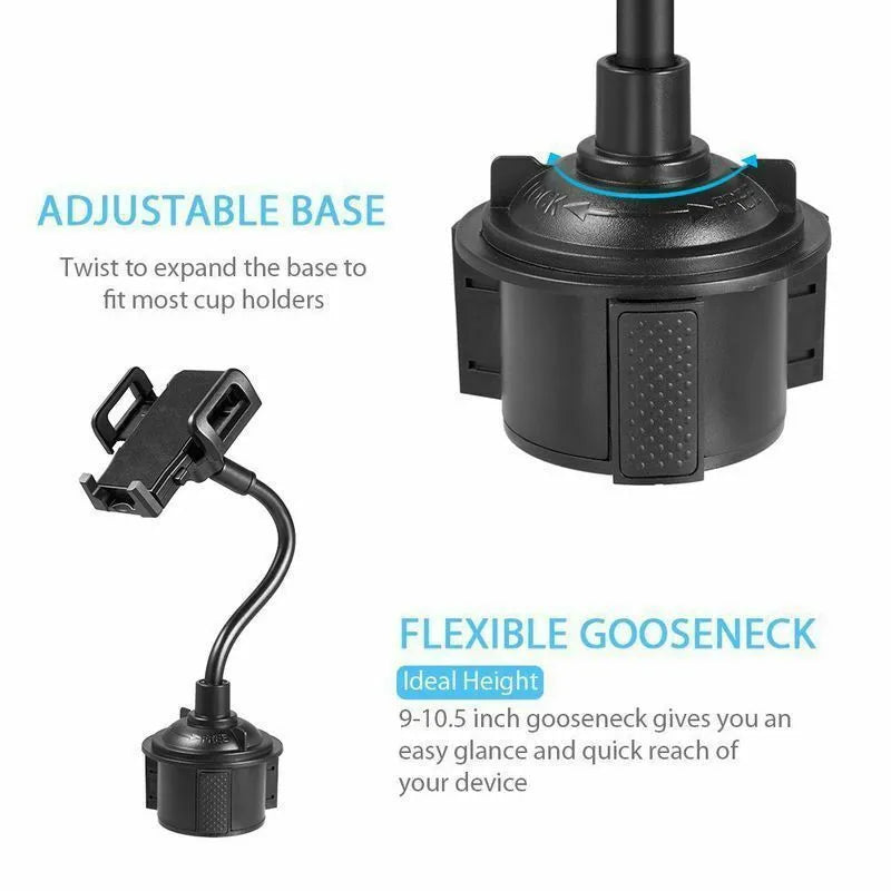 Black universal car-mount phone bracket showing adjustable padded wings and a 360-degree rotating head.