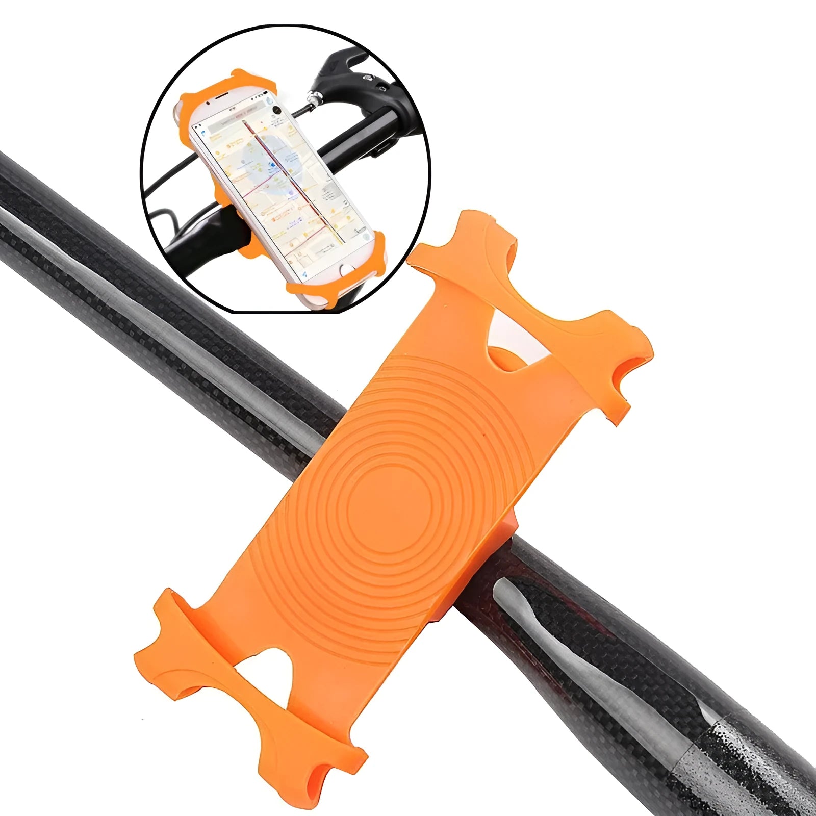 Adjustable silicone bicycle phone holder mounted on handlebar showing three-hole bracket adjustment