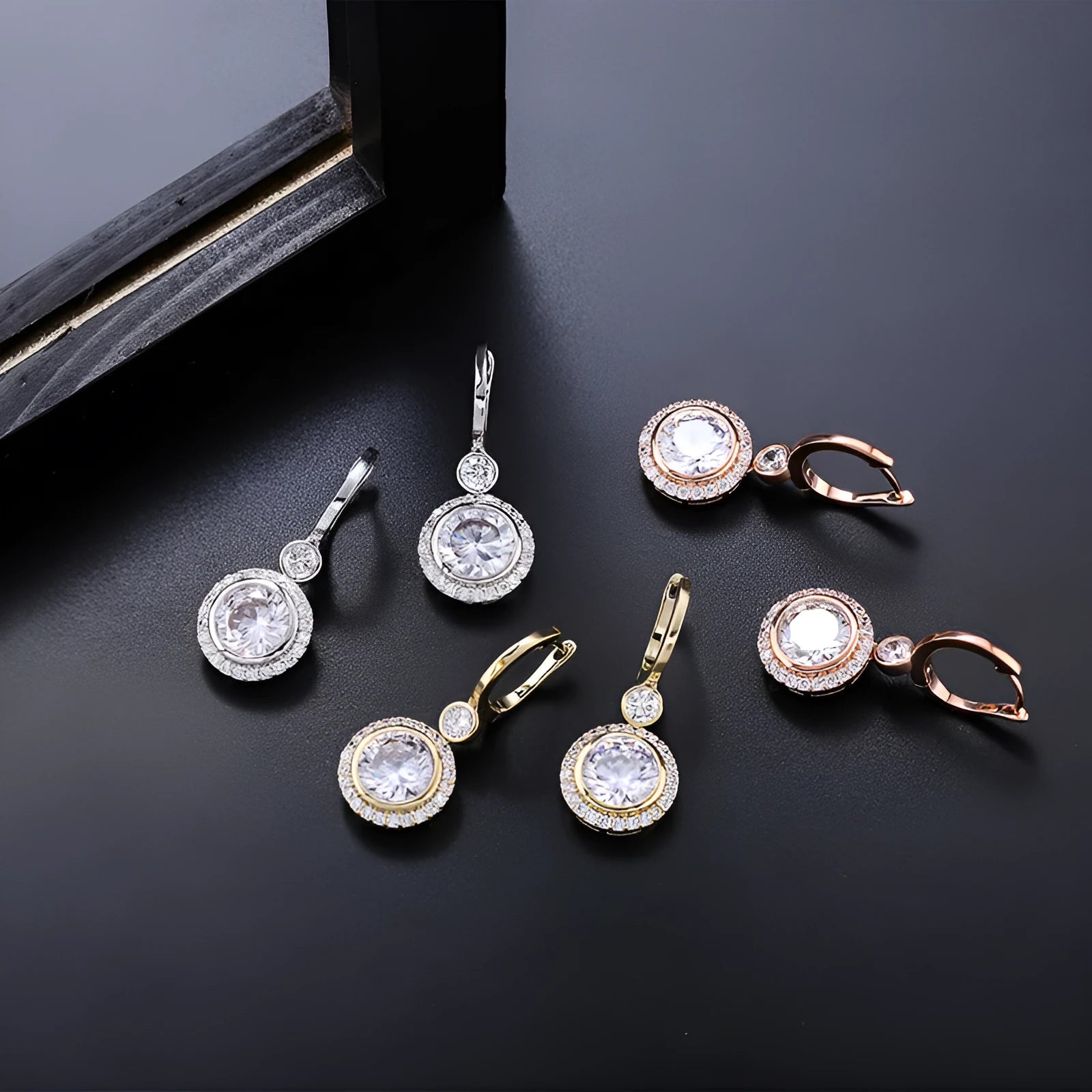 Round geometric copper micro inlay zircon stud earrings in platinum white finish