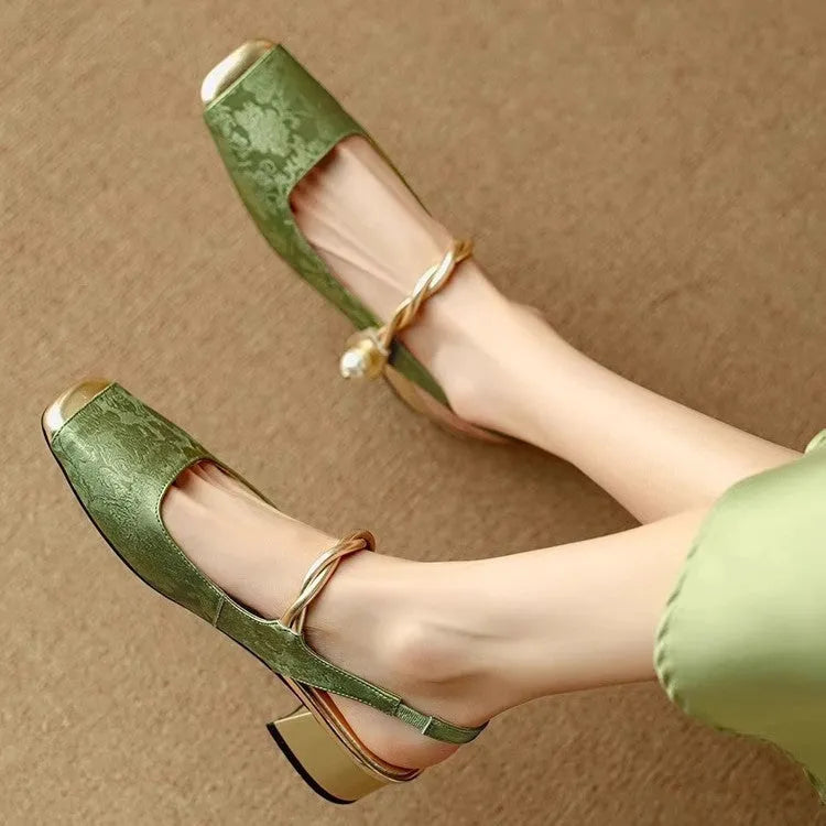 Women's closed toe satin sandals with square toe, backless fit, mid heel 3-6cm, in beige white, black or emerald green