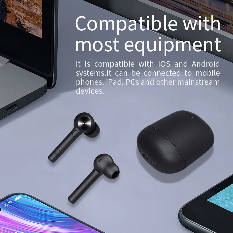 Black TWS Bluetooth wireless in-ear headphones on a white background.