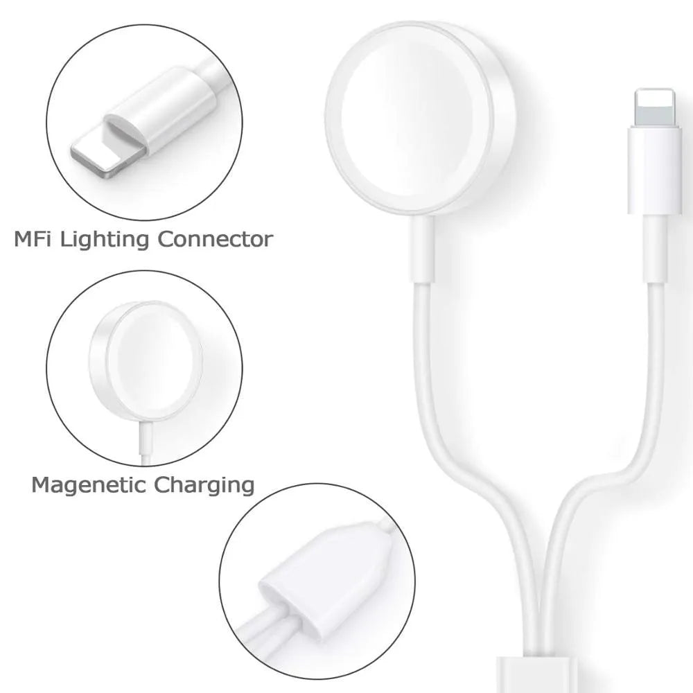 White two-in-one wireless watch charger with USB connectivity for 5V charging