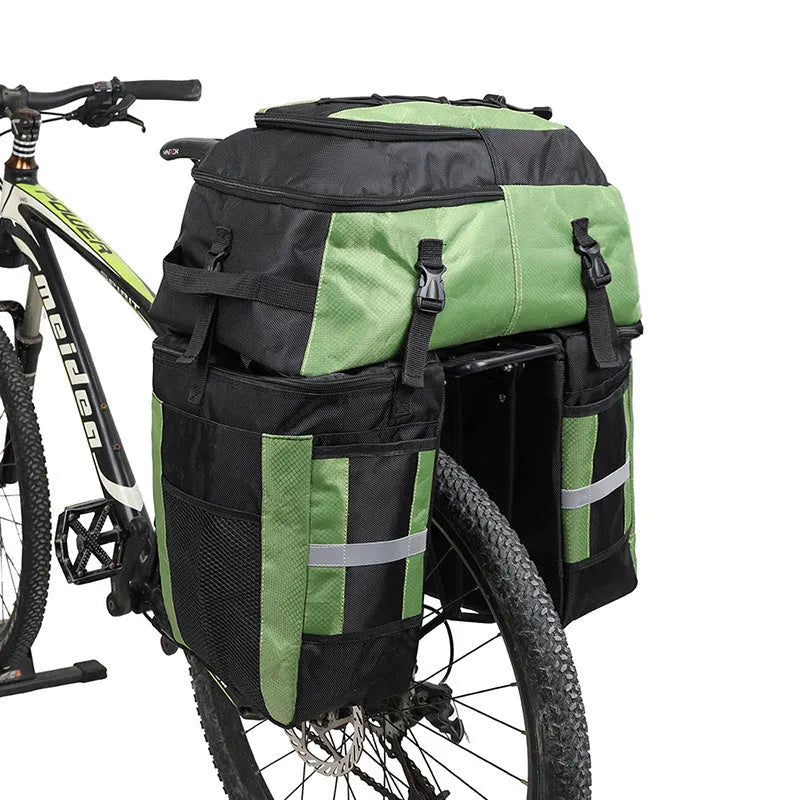 Rhinoceros 70-litre bicycle rear storage bag mounted on touring bicycle frame in blue colour option