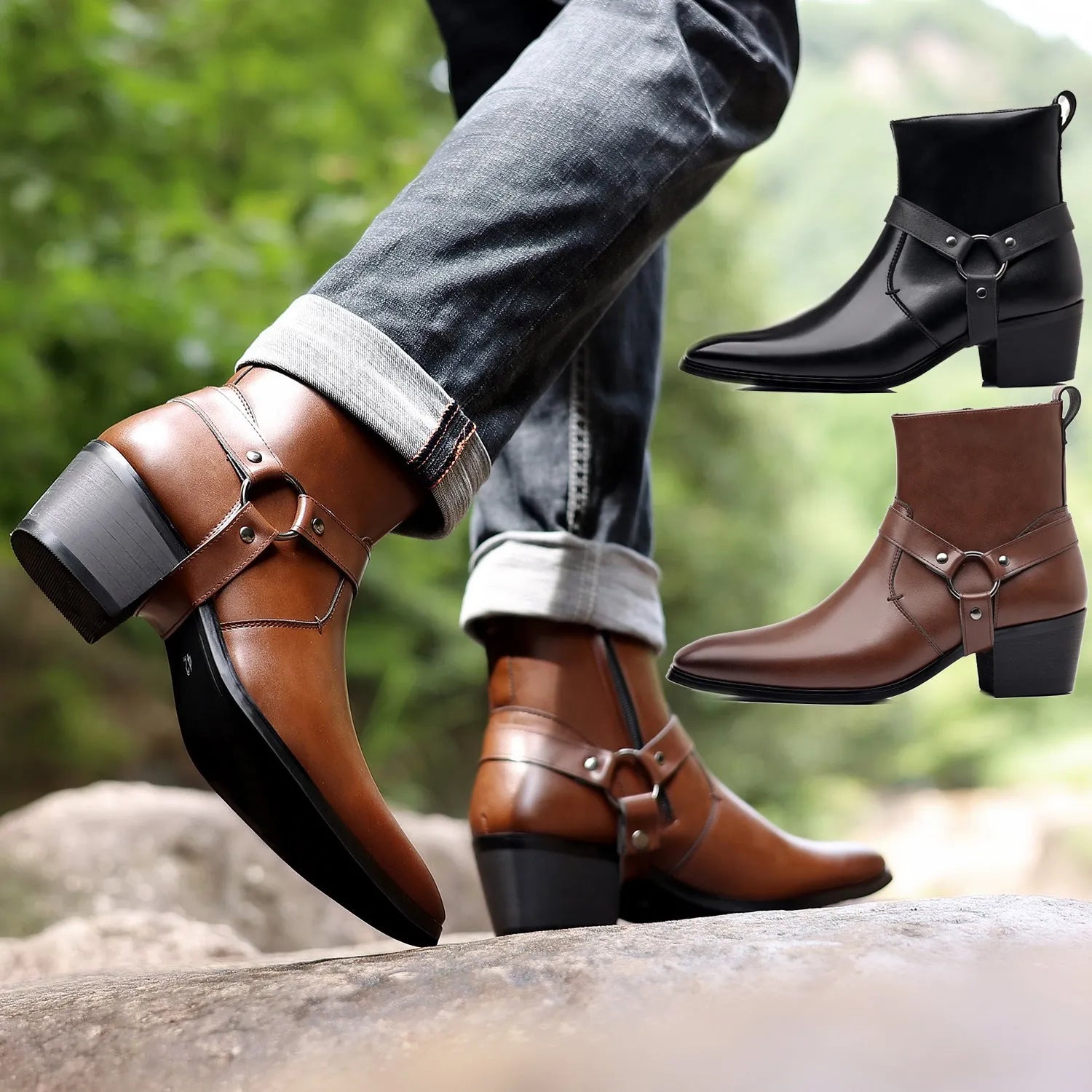 Black unisex chain ankle boots with side zipper, square toe, and high heel.