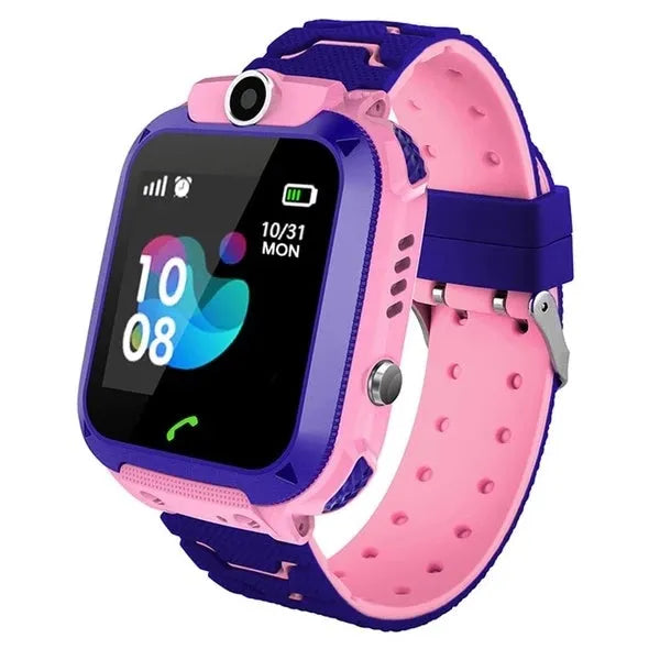 Children's phone watch with touch screen and camera in blue on child's wrist