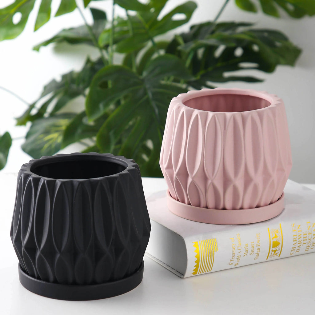 Grey ceramic medium flowerpot for desktop or floor plant display with simple styling
