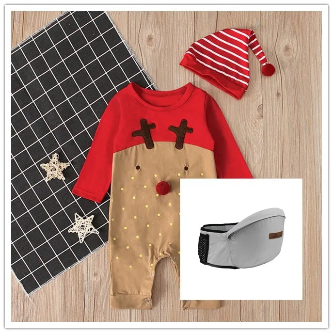 Christmas deer cotton romper for babies, long sleeve, red colour options, sizes 70cm to 100cm