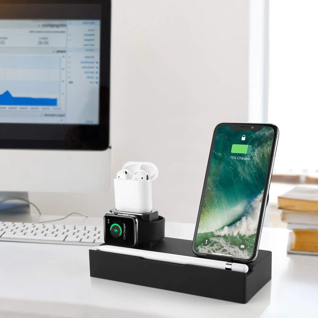 Black eight-in-one wireless charging station bracket with five USB ports and a circular aluminium alloy wireless charging pad.