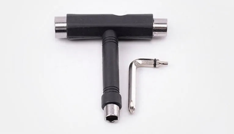 Steel skateboard T-wrench with 9.5mm 13mm 14mm sockets and plastic edging handle