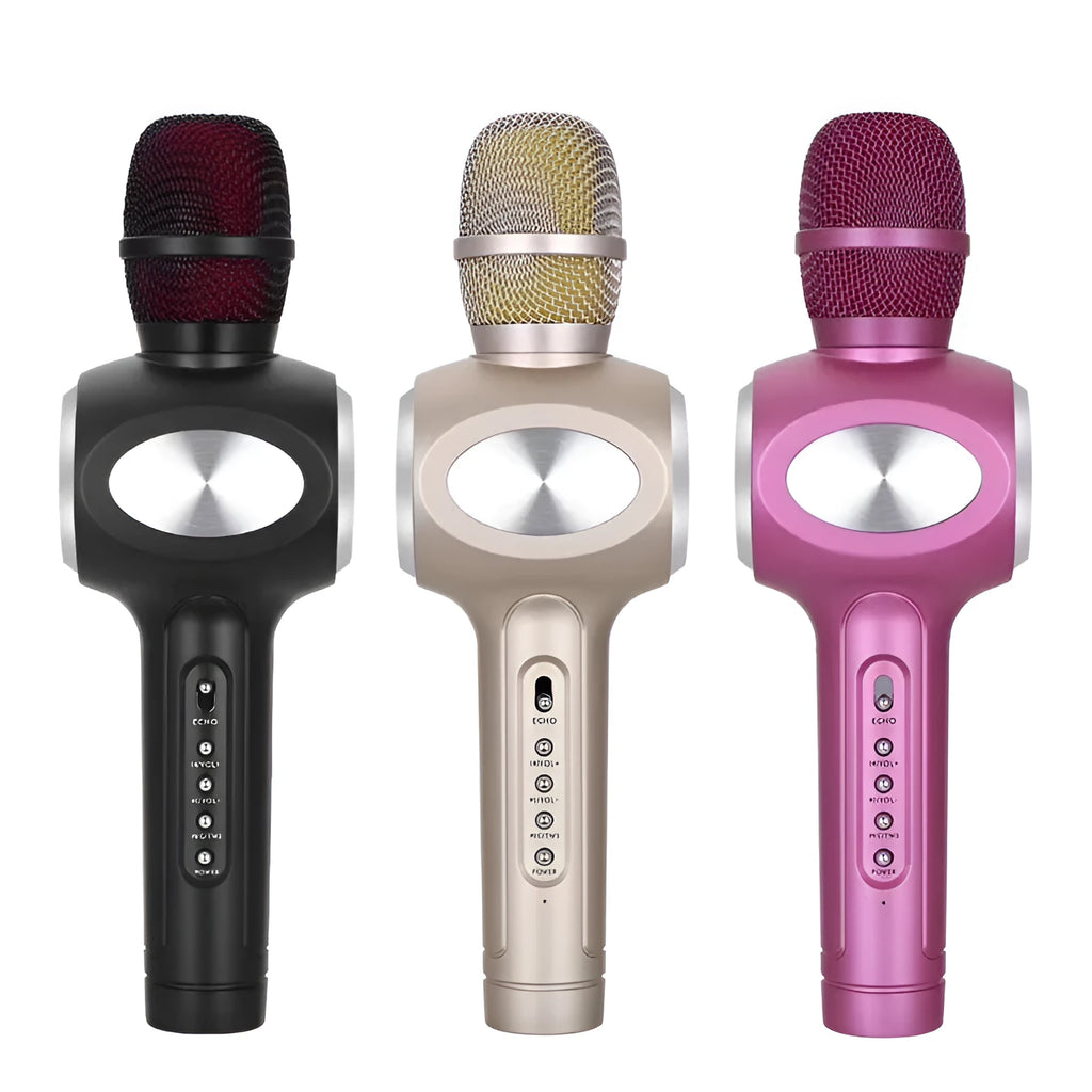 Yaerjia E108 wireless karaoke microphone in black, gold, or pink colour with built-in speaker