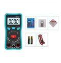 Green automatic digital universal meter with LED display, backlight, and a rear support bracket.