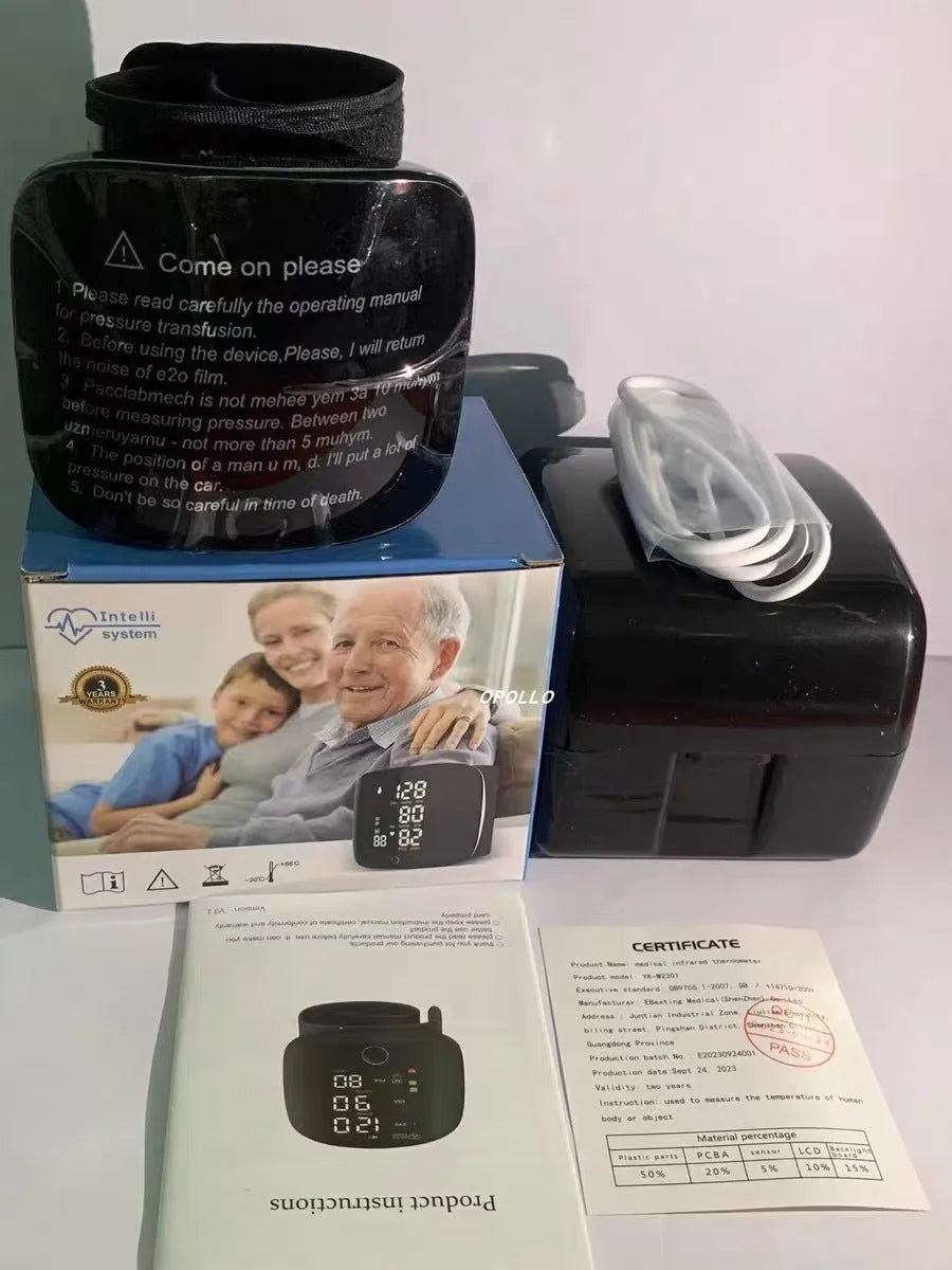 Black wrist blood pressure monitor with digital display and USB charging cable