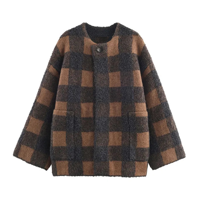 Autumn women's plaid knitted coat in colour block stripes, pullover style, regular fit, polyester blend, Japanese Korean casual wear