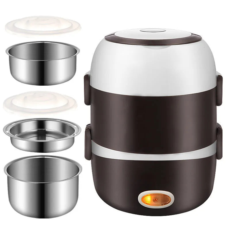 USB-powered lunch box with 200W heating capacity showing two-layer and three-layer configuration options