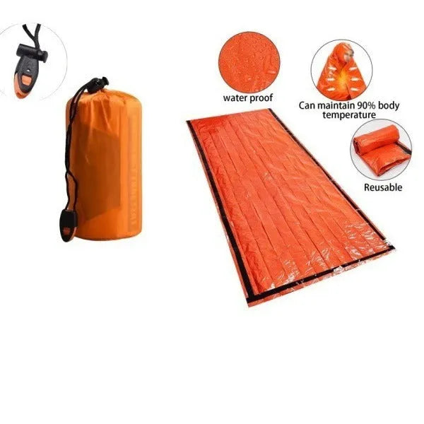 Emergency sleeping bag with aluminium film lining, envelope structure, 93x210cm, orange or green, with drawstring bag and whistle