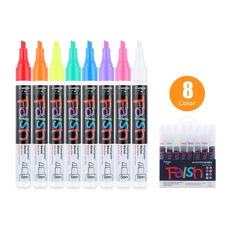 Plastic electronic fluorescent plate highlighter pen with oblique 6mm tip, shown in multi-colour sets for dry-wipe boards.