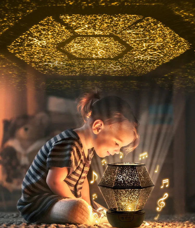 Children's rotating star projection night light with three-colour LED modes.