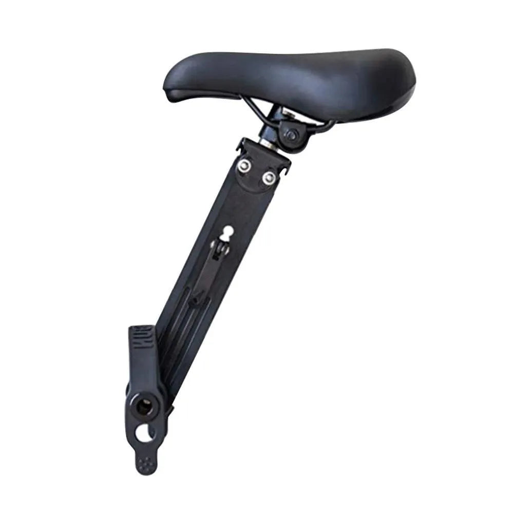 Black front-mounted kids bike seat on a mountain bike with quick-release attachment and rubber protection