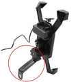 Black ABS motorcycle phone holder mounted on handlebar with adjustable arms and USB charging port