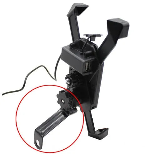 Black ABS motorcycle phone holder mounted on handlebar with adjustable arms and USB charging port