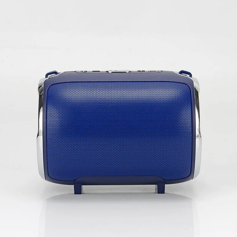 Portable plug-in subwoofer sound system with metal case in choice of black, blue, gold, red, or silver.
