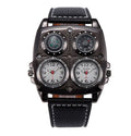 Men's quartz watch with 49mm square alloy case, imitation leather strap, and luminous compass GMT thermometer functions