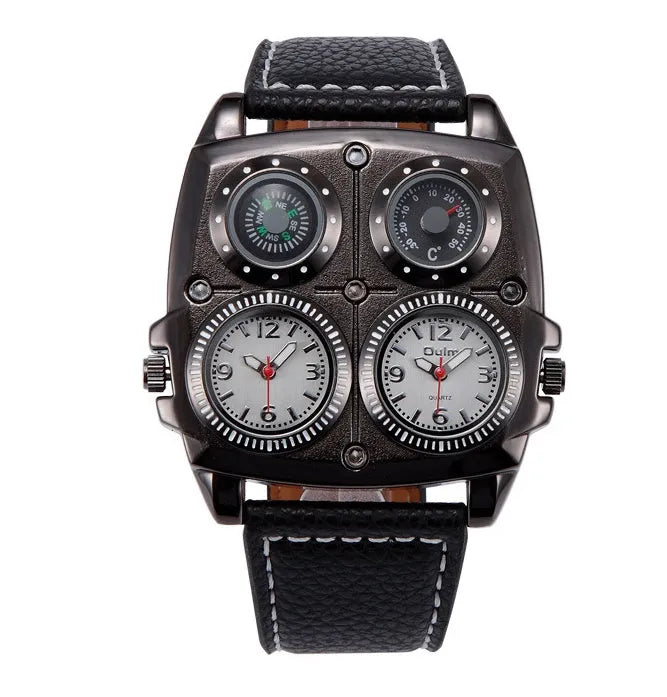 Men's quartz watch with 49mm square alloy case, imitation leather strap, and luminous compass GMT thermometer functions