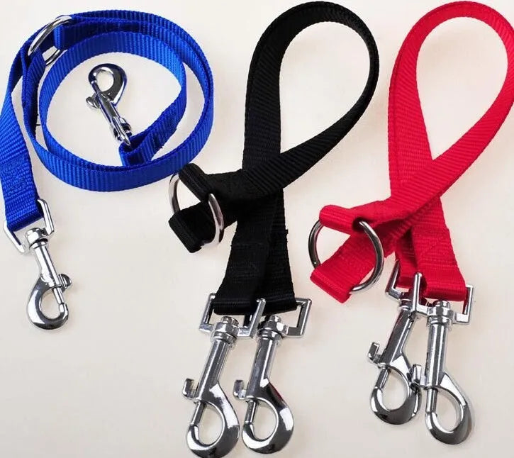 Nylon double dog lead coupler, 45cm long, in purple, red, blue, or black, sizes S M L