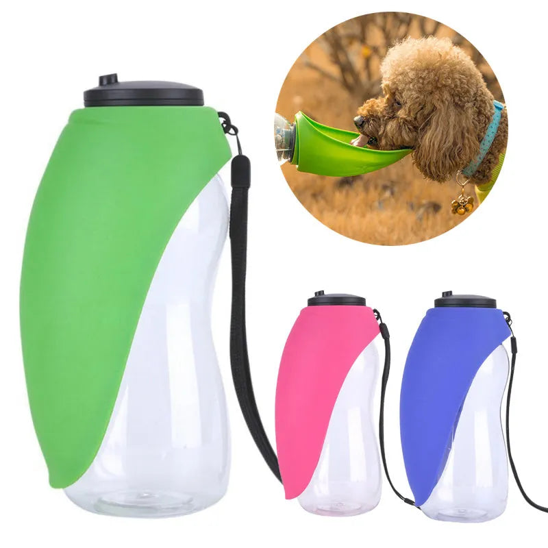 Sky blue portable dog water bottle with drinking bowl and hanging strap.