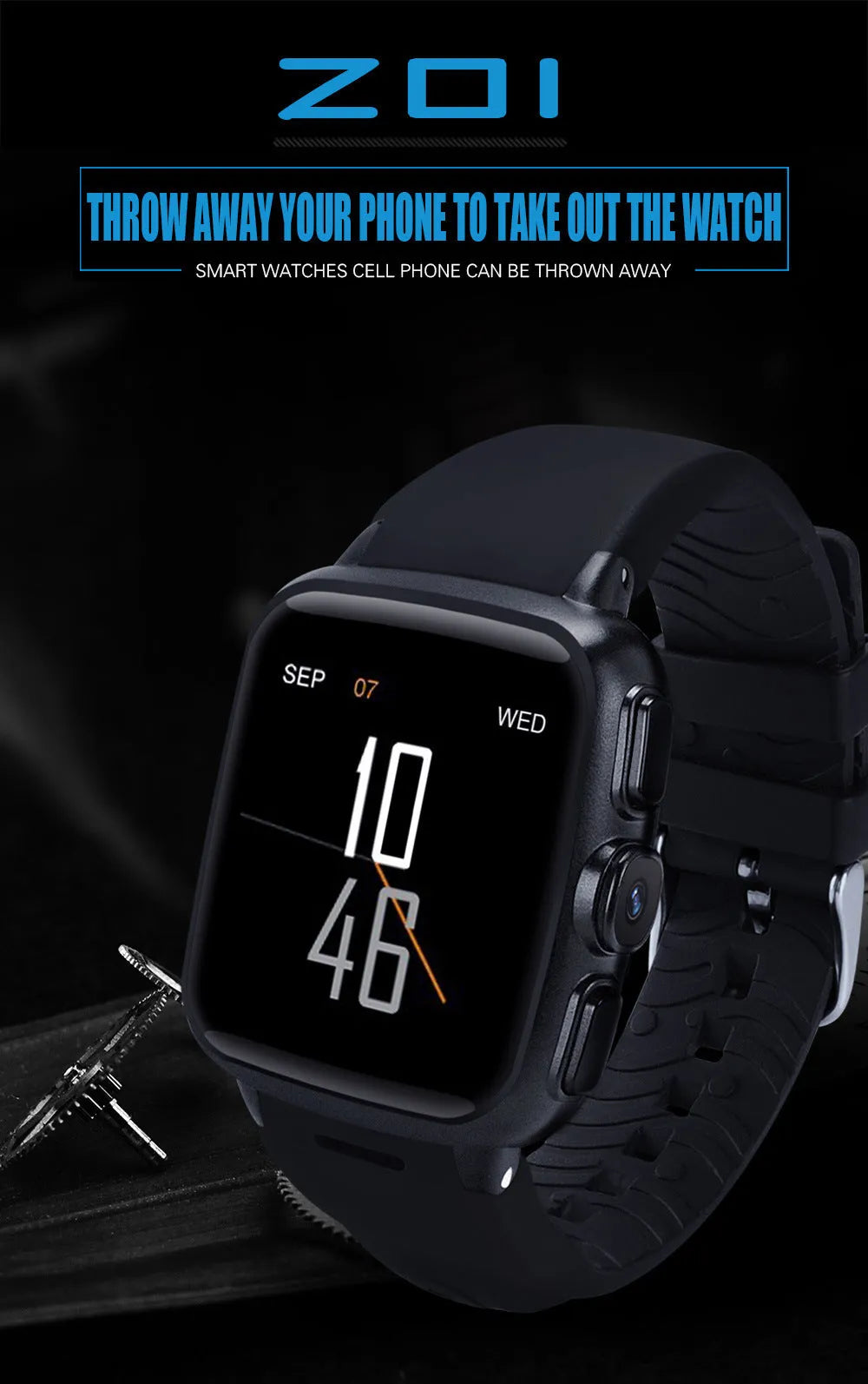 Z01 smart watch with 1.54 inch screen shown on wrist, available in black or white colours