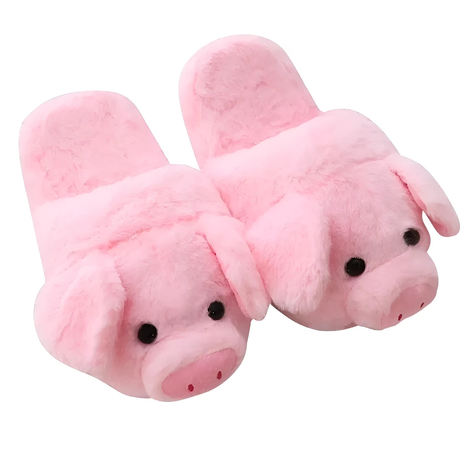 Pink pig-shaped plush floor slippers on a white background.