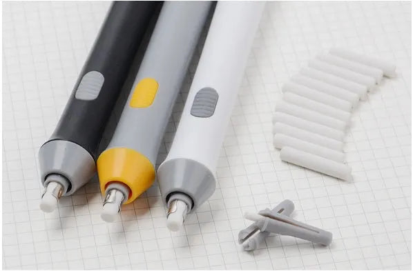 Electric eraser for office supplies, plastic geometry modelling tool 166x15mm, black colour, with visible power button