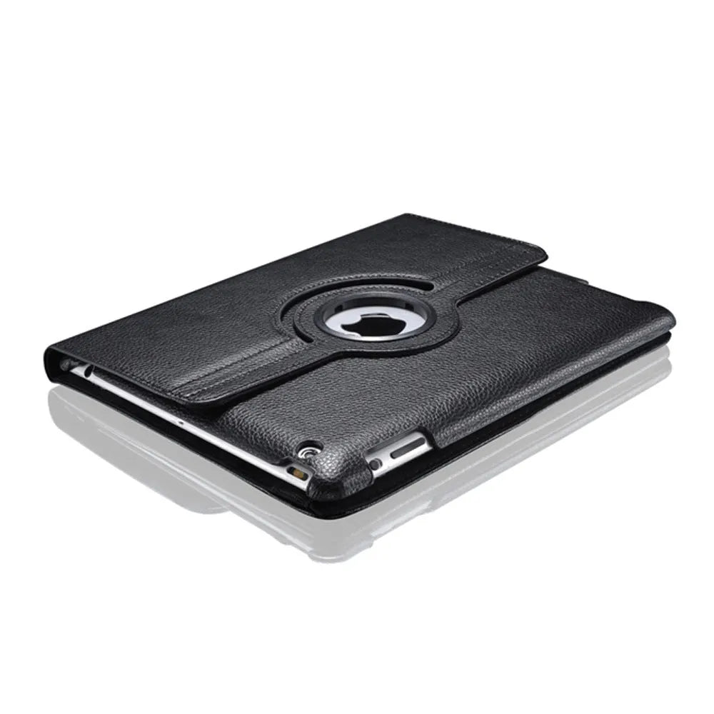 iPad PU leather clam shell case in various colours, shown closed and open with an iPad inside.