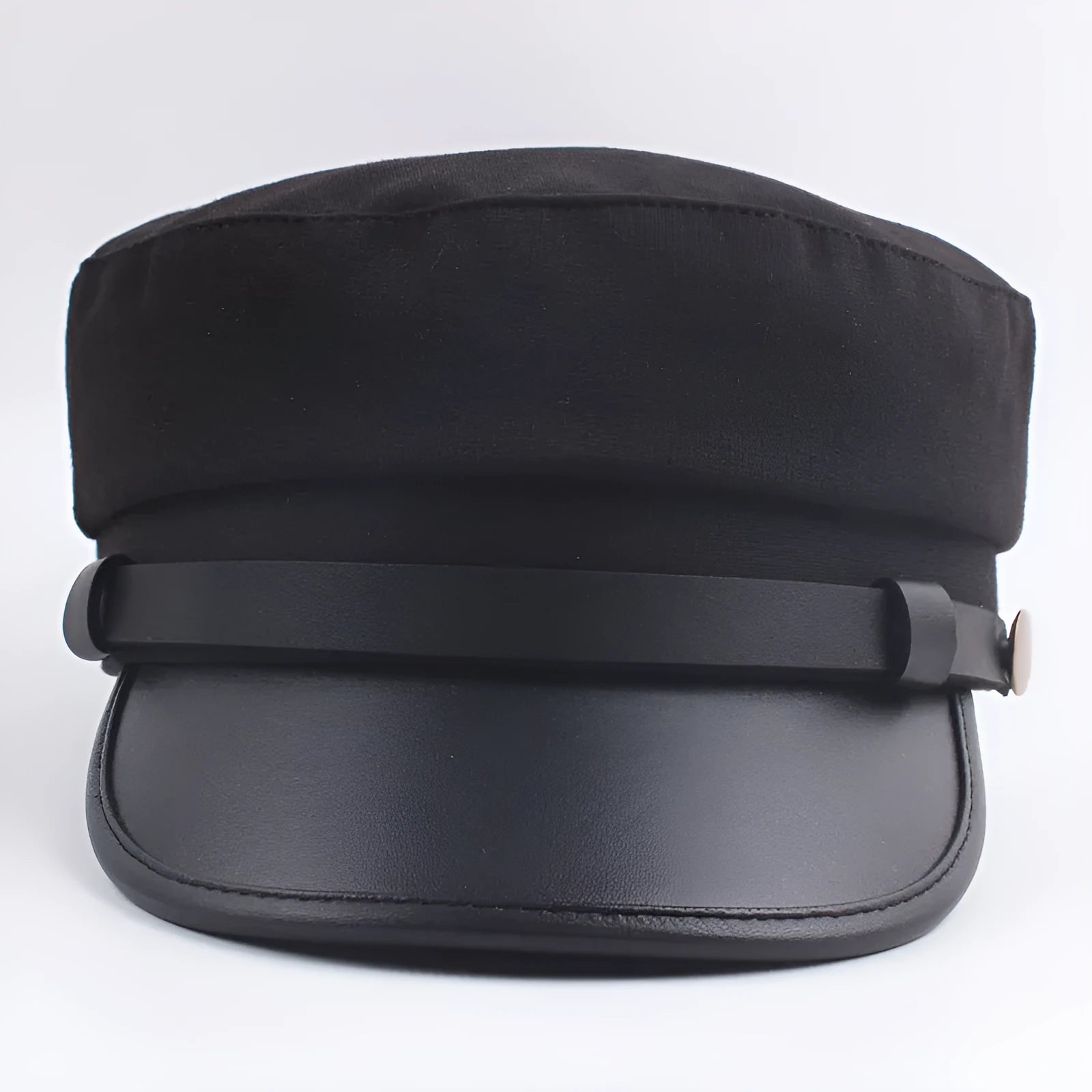 Navy imitation leather flat brim peaked cap with dome crown on white background