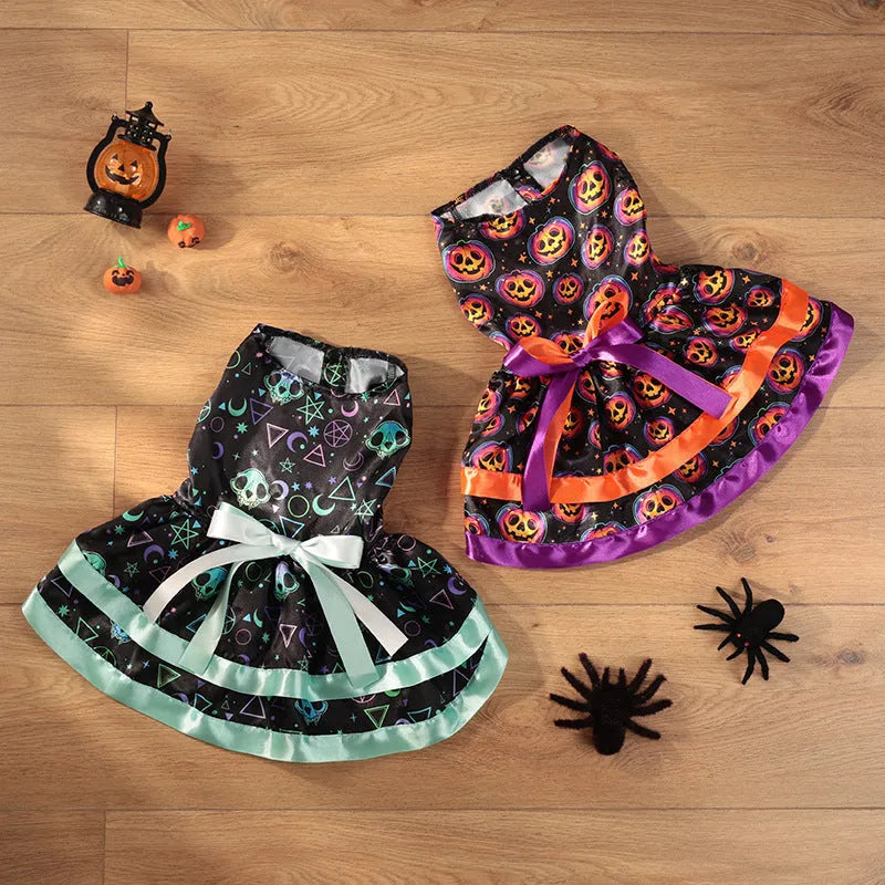 Halloween dog skirt with adjustable waistband in colourful pumpkin design