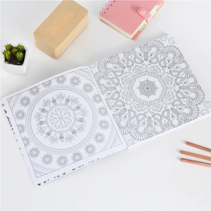 Mandala unzip colouring book showing binder binding and 21cm square dimensions