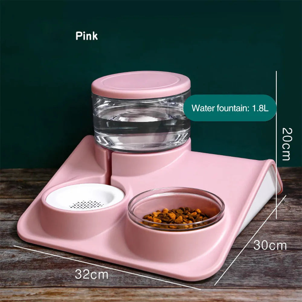 Automatic pet water feeder in grey with 1.8L capacity and separate grain bowl on non-slip base