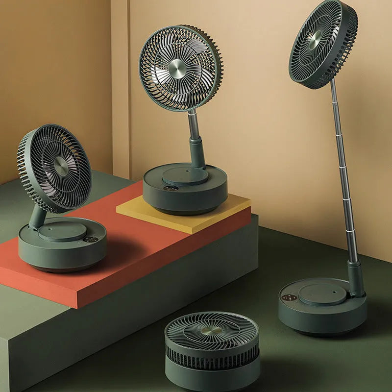 Green telescopic floor fan shown in both desktop and extended vertical positions with remote control