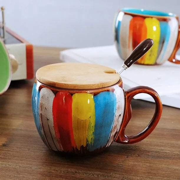 Handmade ceramic mug with lid and spoon in vibrant blue 350ml