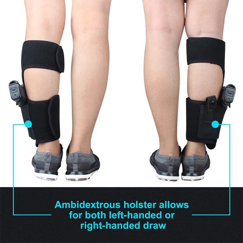 Black neoprene invisible ankle holster for universal pistol, side view showing secure fit against leg