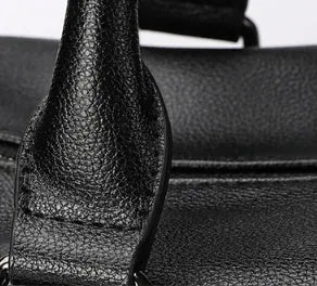 Black thick PU leather gym bag with adjustable shoulder strap fits 14-inch notebook